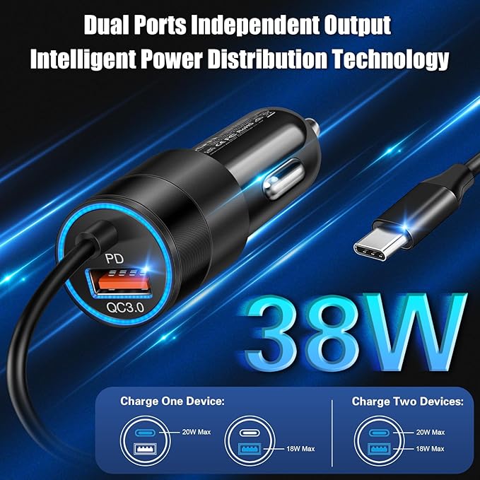 USB C Car Charger, 38W Dual Ports USBC & USB-A Cigarette Lighter Adapter Fast Charging Phone Plug with Bulit-in 1.2m Coiled Cable for iPhone 17 Pro Max,16,16e,15, 14, 13, Galaxy S25, S24, Pixel 7