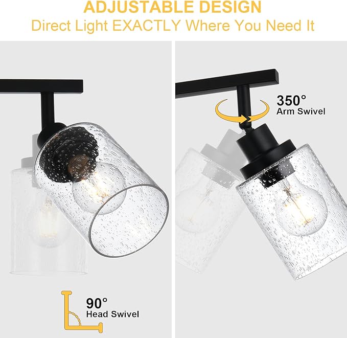 4-Light Black Track Lighting Kit Ceiling Mount Kitchen Track Lighting Fixtures, Bathroom Ceiling Tracking Vanity Light with Bubble Seeded Glass Shade & Rotatable Tracking Heads for Accent Shop