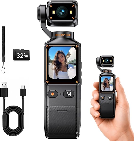 2K Vlogging Camera with 180° Rotating Lens, Handheld Pocket POV Video Camera, WiFi App, 7H Battery, 1.69" Screen, 32GB Card Included for YouTube, TikTok, Travel, Content Creators & Daily Vlogs