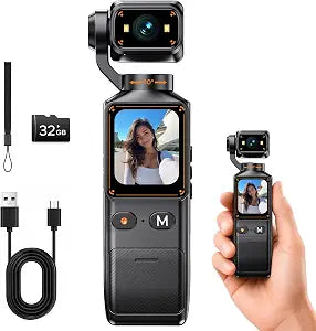 2K Vlogging Camera with 180° Rotating Lens, Handheld Pocket POV Video Camera, WiFi App, 7H Battery, 1.69" Screen, 32GB Card Included for YouTube, TikTok, Travel, Content Creators & Daily Vlogs