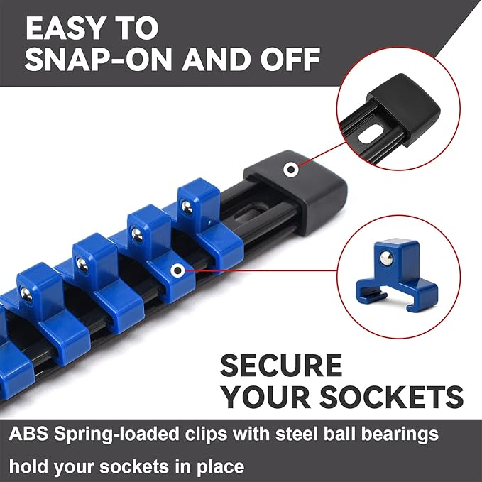 ALOANES 18PC ABS Socket Organizer, Socket Rails Fit 1/2 inch, 3/8 inch and 1/4 inch Drive, toHeavy Duty Socket Holders Hold up to 258 Sockets, Black Rails with Red Blue Black Clips
