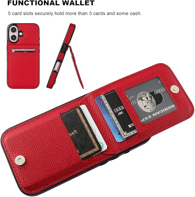 KIHUWEY Compatible with iPhone 16 Case Wallet with Credit Card Holder, Flip Premium Leather Magnetic Clasp Kickstand Heavy Duty Protective Cover for iPhone 16 6.1 Inch (Lichee Red)