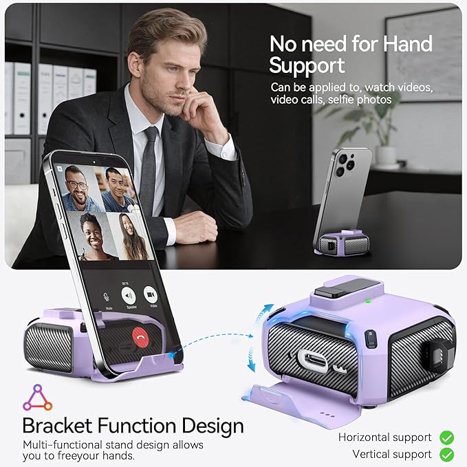 for AirPods 4 Case (2024) with Phone Stand,（with Automatic Snap Switch） Carbon Fiber Design Protection Cover with Cleaning Pen,Purple