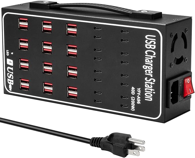 Multiple USB Charging Station, RUANSZZ 40 Port 200 Watt (40A) USB~C Charger Block with Power Switch, Multiple USB Desktop Charger Station, Suitable for Shops, Hotels, Schools, Shopping malls