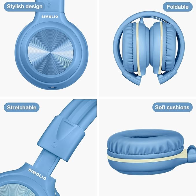 SIMOLIO Over-Ear Kids Headphones with Microphone and Volume Limited Plug in Headphones Wired, Foldable Corded Stereo 3.5mm Headset for Smartphones Chromebook Laptop Computer PC Tablets Travel (Blue)
