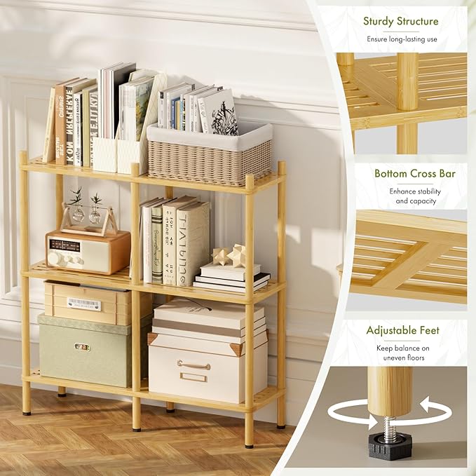 3 Tier Bookshelf, Wide Bookcase Shelf, Storage 6 Open Display Book Shelves, Bamboo Bookshelves Rustic Storage Organizer, Standing Shelf Unit for Living Room, Bedroom, Bathroom, Home Office