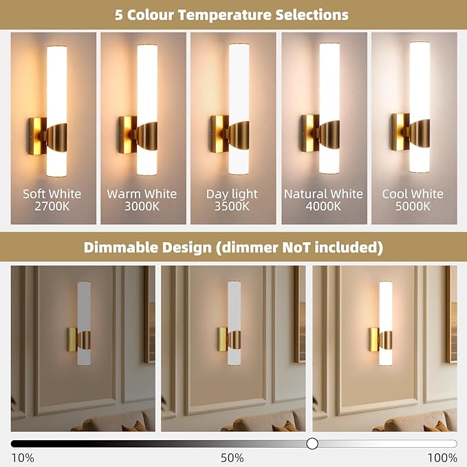 Gold Wall Sconce 5CCT Dimmable Bathroom Sconce with Acrylic Shade LED 15 inch Hardwired Wall Light Fixtures for Bathroom Living Room Bedroom Hallway
