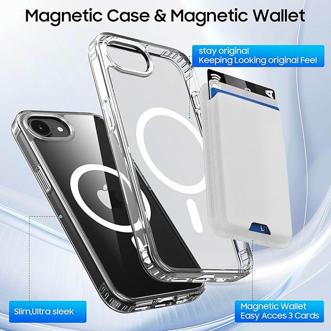 Magnetic for iPhone 17e Case & iPhone 16e Case Clear with White Detachable Wallet, Compatible with MagSafe, Military Protective Slim Phone Cover with Card Holder