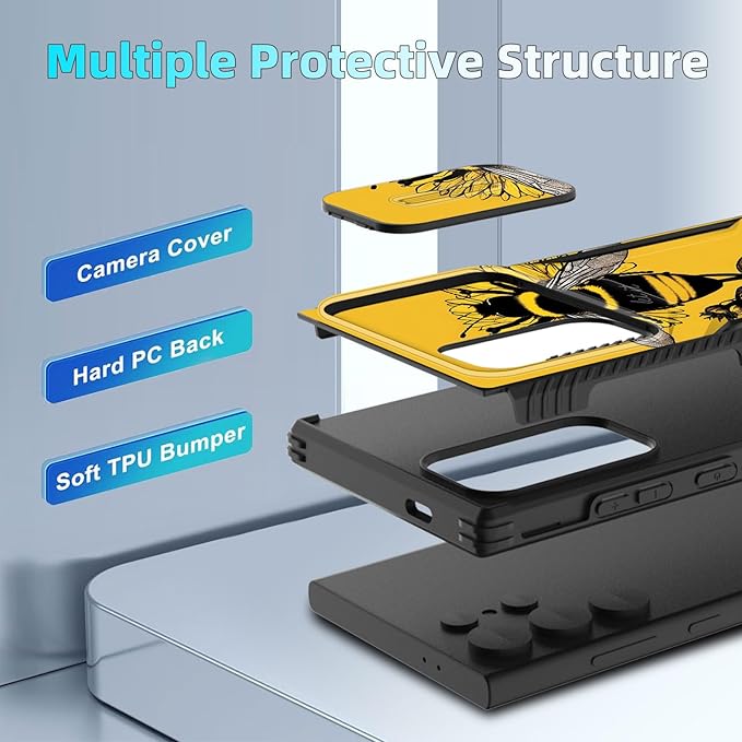 for Galaxy S24 Ultra Case Built in Slide Camera Lens Cover,Heavy Duty Shockproof Protection Dual Layer Case for Samsung Galaxy S24 Ultra 6.8" 2024,Honeybee Flower