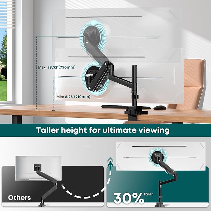 Single Monitor-Arm Heavy Duty for 24-57-inch - Ultrawide Aluminum Single Pole Monitor Mount,Fully Adjustable, Ideal for Gaming, Office & Home Use, Max Load 59.4lbs, VESA 75/100/200 mm, Black