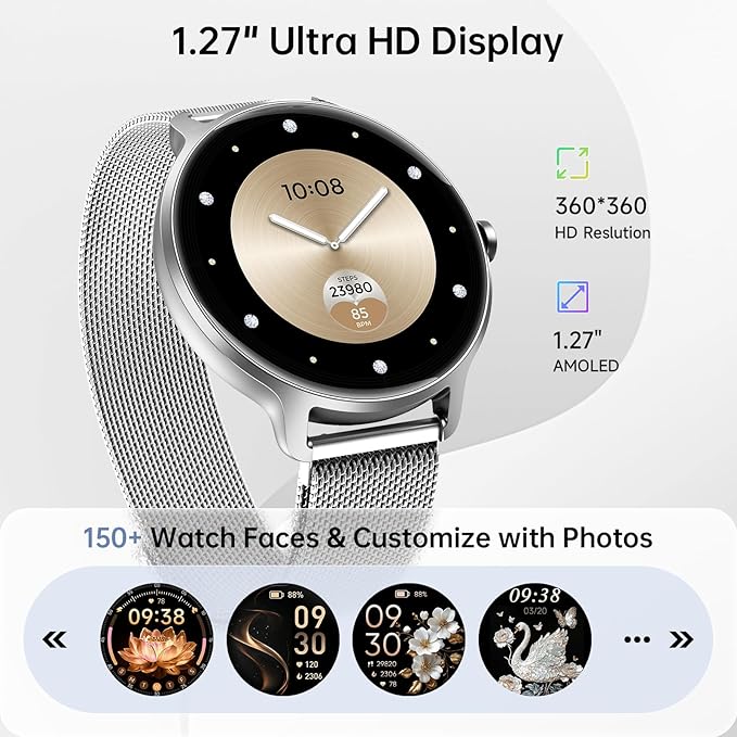 Smart Watch for Women, 1.27" AMOLED Screen Smartwatch with Answer/Make Call for iPhone/Android/Samsung, Fitness Tracker with 120+ Sport Modes, Heart Rate/Sleep/Health Monitor, IP68 Waterproof, Silver