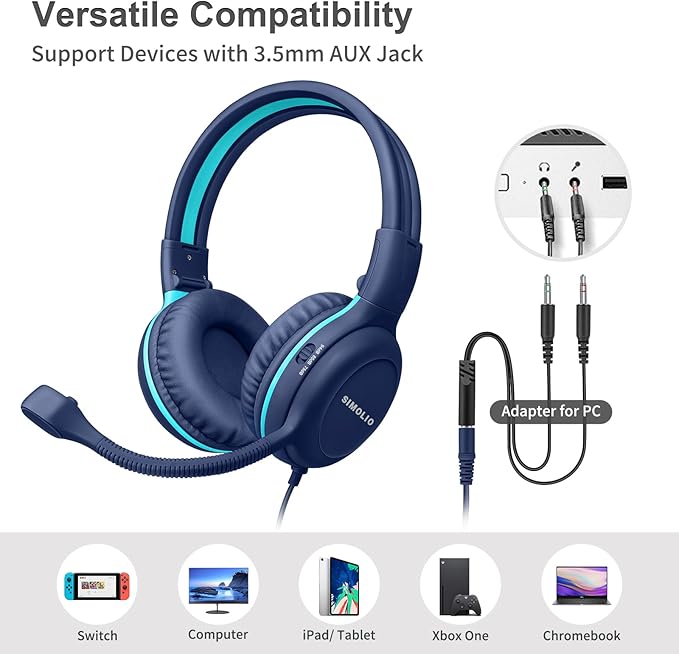 SIMOLIO Wired Headphones for School with Microphone, Stereo Kids Headphone with Flexible Swivel Boom Mic for Student K12 & Teacher & E-Learning, 3 Levels Volume Limiter Gaming Headsets for Boys, Girls