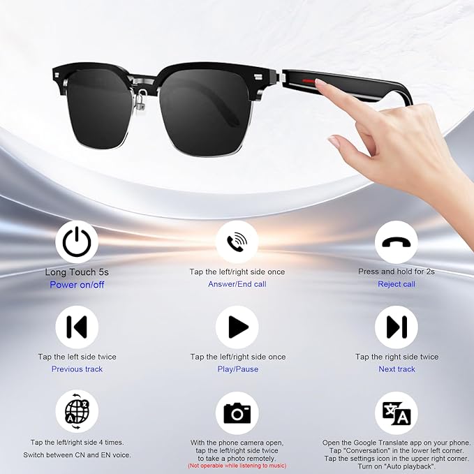 Bluetooth Smart Glasses with Camera, Real-Time Translation, Voice Assistant for Sports/Cycling/Running, Bone-Conduction Music Glasses (Sunglasses)