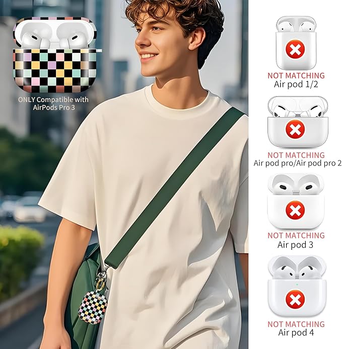 Compatible with AirPods Pro 3rd Generation 2025 Case Cover with Gold Keychain - Cute Protective Hard AirPod Pro 3 Cases for Women - Colorful Checkered