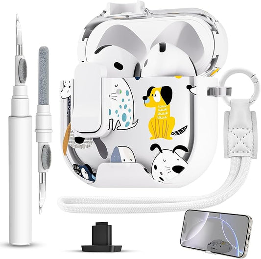 for AirPods 4 Case with Secure Lock Clip in Phone Stand,Floral Girly Style Protective Cover with Cleaning Kit and Hand Strap for Apple AirPod 4 Generation (White Dog)
