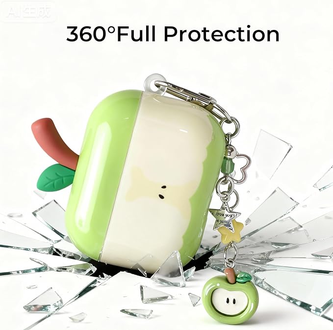for AirPods Pro 3 Case 2025 - Cute 3D Green Apple Design with Apple Pendant Keychain,Soft Shockproof Silicone Cover, for Girls Women
