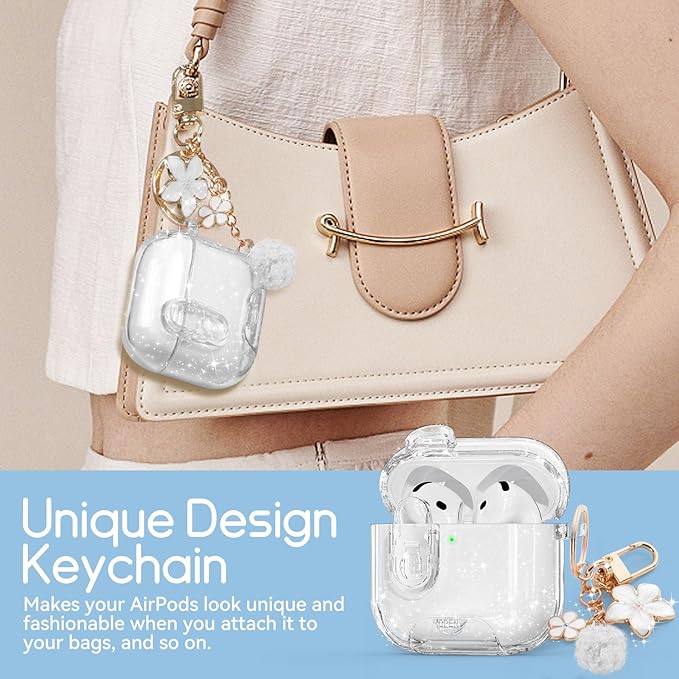 Clear Case for AirPods 4 Case Cover with Safety Lock,Soft TPU Cover with Phone Stand & Cleaning Kit,Cute Bling Keychain for Women Girls- Glitter White