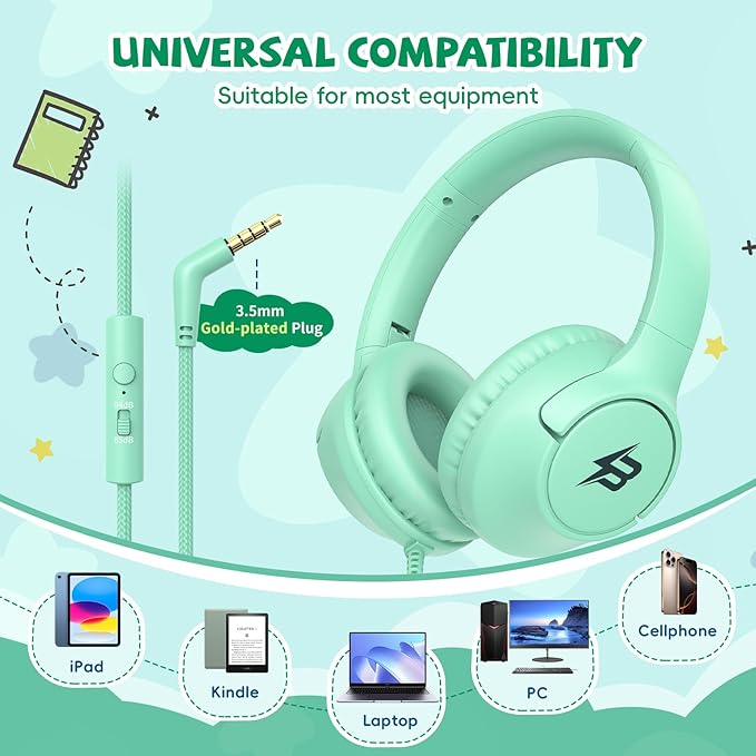 Kids Headphones Wired with Microphone, 85/94dB Volume Limit Headphones for Kids, Foldable 3.5mm Plug in Headphones Corded for Children/Toddler, School/Airplane Travel/Tablet/Kindle/Laptop, Green