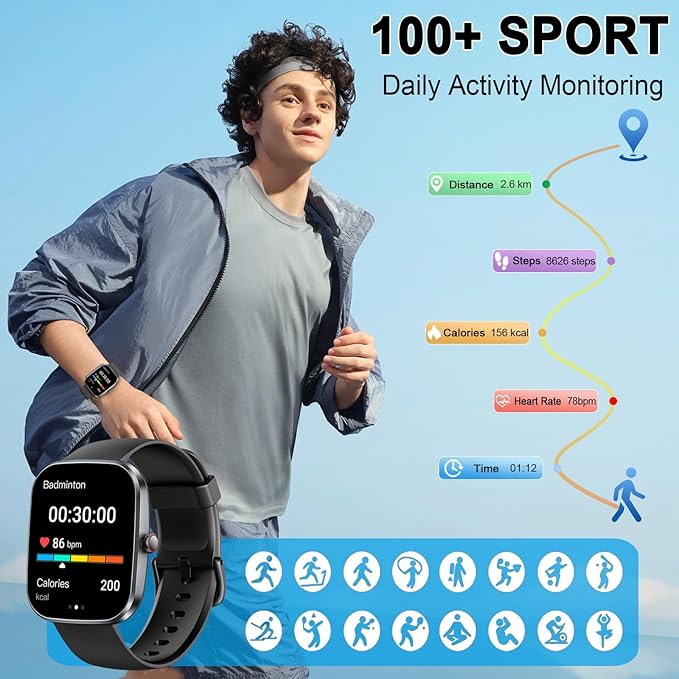Smart Watch(Answer/Make Call), 1.91" Smartwatch for Men Women, 2026 Fitness Watch with 110+ Sport Modes, Fitness Activity Tracke with Pedometer/Sleep Monitor/Heart Rate/IP68 Waterproof,for Android iOS