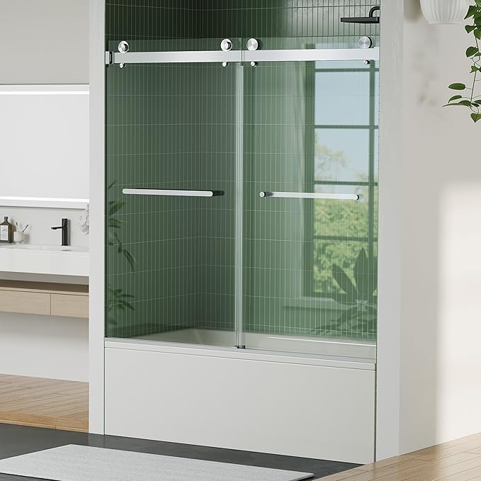 Frameless Bathtub Shower Door 56–60 Inch W × 59 Inch H, Sliding Tub Door, Sliding Shower Panels, 6mm Tempered Glass, Square Stainless Steel Track, Brushed Stainless