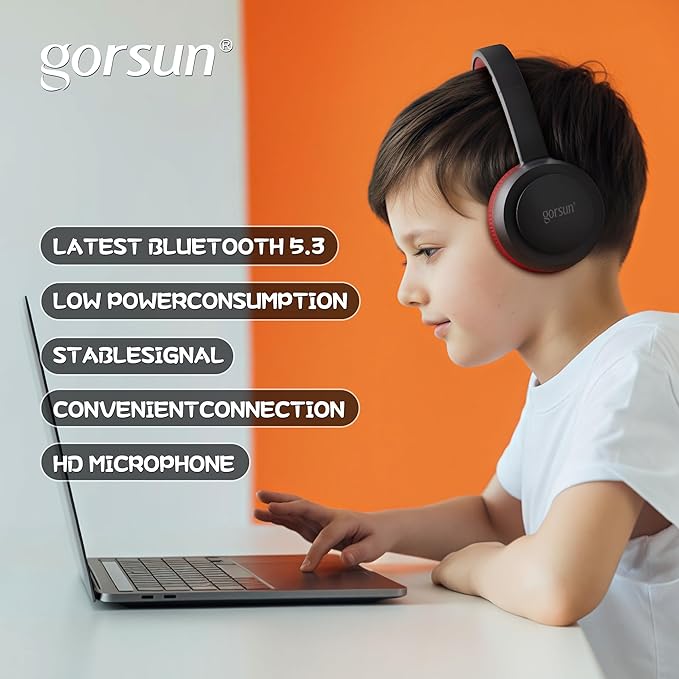 gorsun Kids Bluetooth Headphones, Toddler Headphones 85 dBA Safe Volume, 45 Hours Playtime, with Mic, Bluetooth 5.3, Kids Wireless Headset for iPad/Tablet/Travel/School, ldeal Gift (Black/Red)