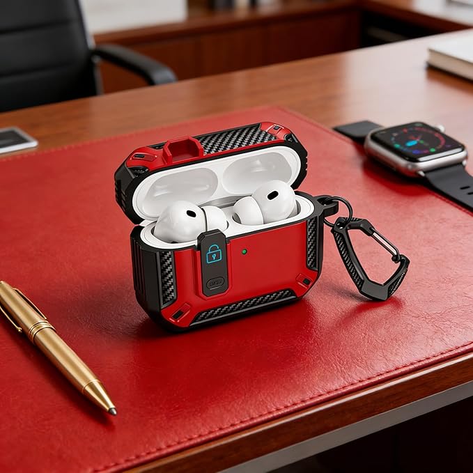 for AirPods Pro 3 Case (2025, Model A2700/A2931) | Full Drop Protection with Carabiner | AirPods 3 Pro Case for Men Women(Black RED)