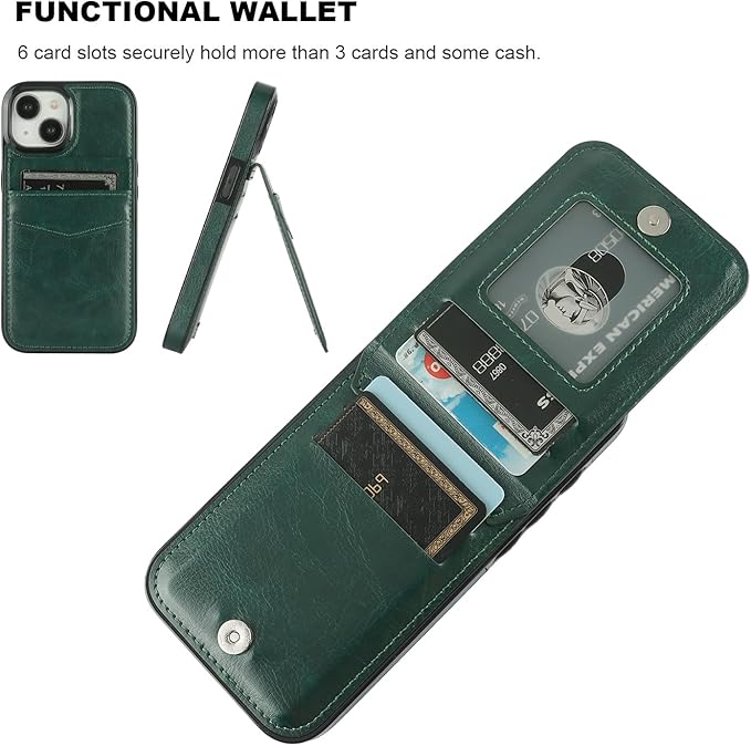KIHUWEY Compatible with iPhone 15 Case Wallet with Credit Card Holder, Flip Premium Leather Magnetic Clasp Kickstand Heavy Duty Protective Cover for iPhone 15 6.1 Inch (Dark Green)