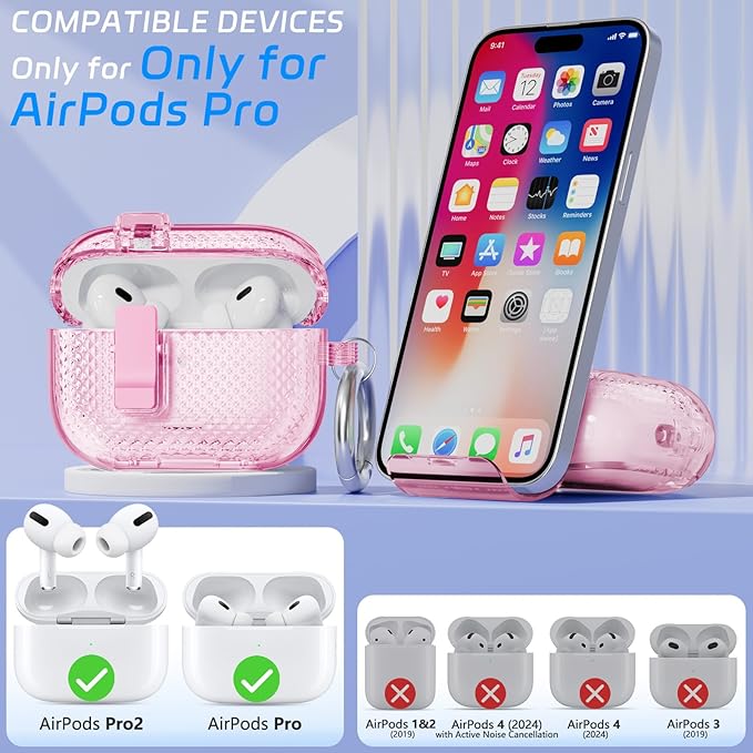 for AirPods Pro 2 Case with Phone Stand & Secure Lock, Auto-Open Clear Cover Compatible with Apple AirPods Pro 2nd/1st Gen (2023,2022,2019) with Cleaning Kit & Keychain (W-Pink)