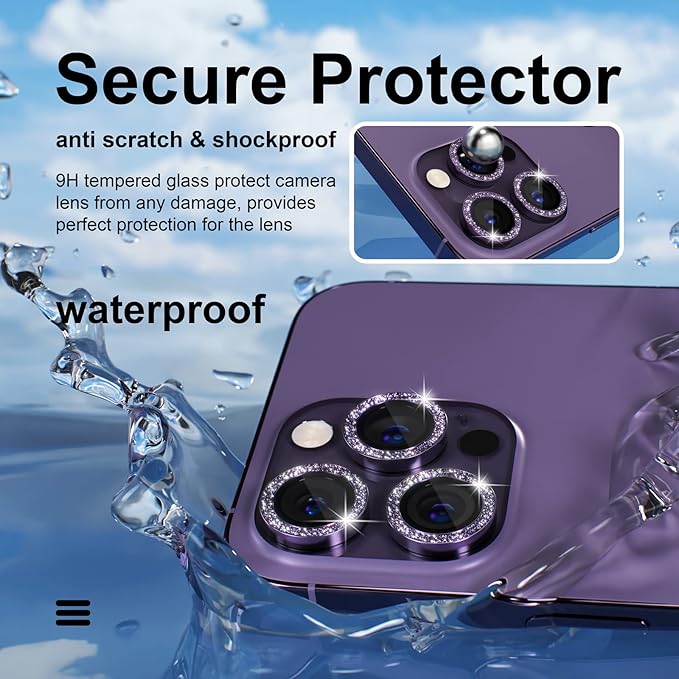 Misea [3+1] for iPhone 14 Pro/iPhone 14 Pro Max Camera Lens Protector Bling, 9H Tempered Glass Camera Cover Screen Protector Metal Individual Ring Protector Decoration Accessories, Purple Glitter