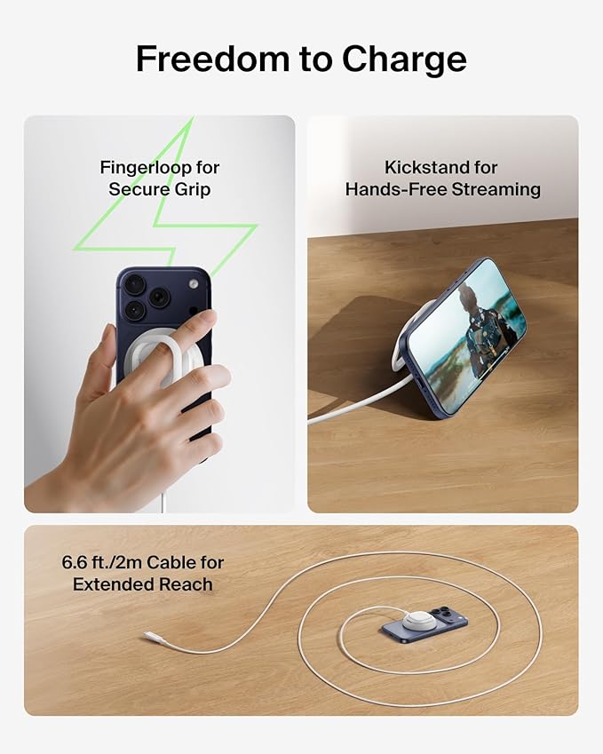 Belkin MagSafe Charger, Magnetic iPhone Charger w/ Qi2 25W, Fast Wireless Charging Pad w/Kickstand for iPhone 17 Series, Samsung Galaxy, Pixel 10, AirPods Pro, Travel - Adapter Included, White