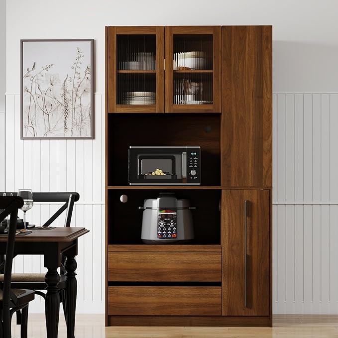 KEIKI 70.87" Tall Kitchen Pantry Storage Cabinet with Multi-Functional Pull-Out Shelf, Side Shelves, 2 Drawers, Glass Doors & Microwave Stand, Wood Hutch Food Pantries Cupboard for Dining Room