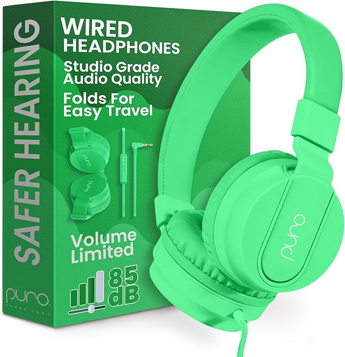 Puro Sound Labs Wired Headphones for Kids - Volume-Limiting, Adjustable Mic & Compatible with Smartphones, Tablets & PCs – Safe, Durable Kids Headphones for School & Travel – PuroBasic, Blue & Green