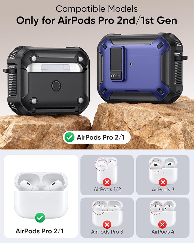 MoKo for AirPods Pro 2 Case with Lock - Compatible with MagSafe, Phone Stand & Auto Pop-up for AirPods Pro 2nd/1st Generation Case, Military-Grade Protective Cover with Cleaner Kit, Dark Blue+Black