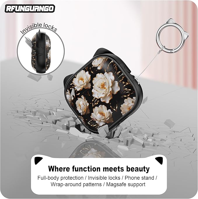 RFUNGUANGO AirPods 4 Case for Women Girly Cat Case with Lock, Phone Stand, Keychain & Cleaner Kit, Compatible with Apple Airpods 4th Generation Case Cover, Black Peony