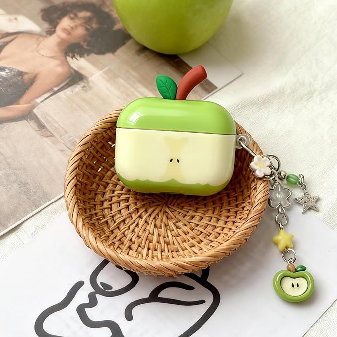 for AirPods Pro 3 Case 2025 - Cute 3D Green Apple Design with Apple Pendant Keychain,Soft Shockproof Silicone Cover, for Girls Women