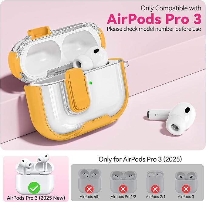 for Airpods Pro 3 Case 2025, Anti-Yellowing Clear Case for Airpods Pro 3 with Secure Lock & Phone Stand, Soft TPU Drop Protection Cover with Cleaning Kit (Yellow)