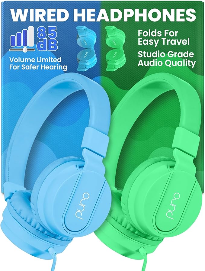 Puro Sound Labs Wired Headphones for Kids - Volume-Limiting, Adjustable Mic & Compatible with Smartphones, Tablets & PCs – Safe, Durable Kids Headphones for School & Travel – PuroBasic, Blue & Green