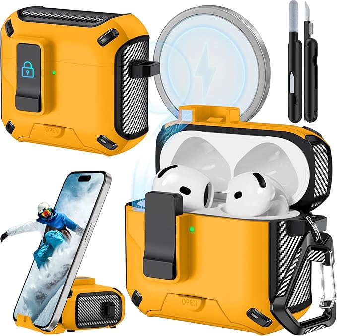 for AirPods 4 Case (2024) with Phone Stand,（with Automatic Snap Switch） Carbon Fiber Design Protection Cover with Cleaning Pen,Yellow