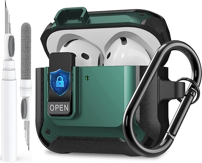 for Airpods 4 Case with Lock Clid, Rugged Apple Airpods 4th Generation Cover 2024 Men Women, Armor Shockproof iPod 4 Gen Protective Hard Shell with Carabiner&Cleaner kit,Black/Green