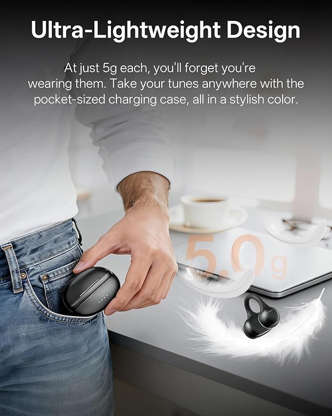 Clip On Earbuds, Open Ear Earbuds Wireless Bluetooth, Ear Clip Bluetooth Headphones for Running Sport, Lightweight Comfort, Secure Fit for Small Ears, Ultra Clear Calls with Mics, Waterproof, 40H Play
