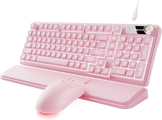 EWEADN Wired Keyboard and Mouse Combo with Detachable Wrist Rest - Pink