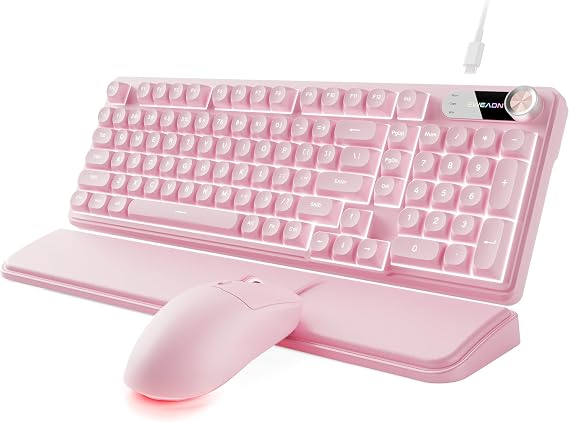 EWEADN Wired Keyboard and Mouse Combo with Detachable Wrist Rest - Pink