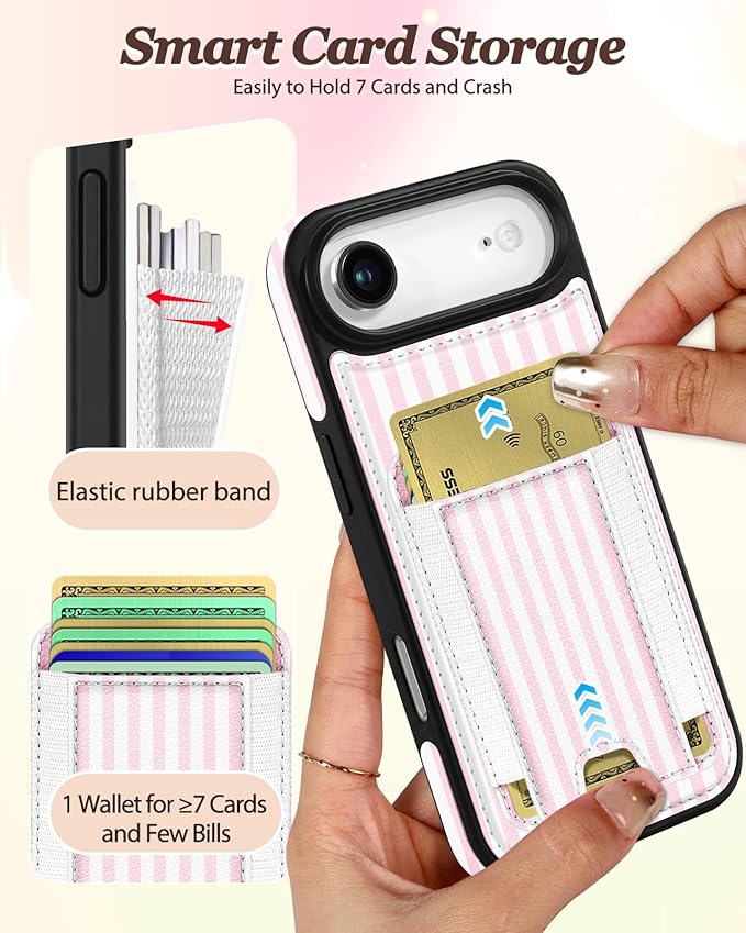 Shorogyt for iPhone Air Wallet Case - Fits 5 Cards, Compatible with Magsafe Detachable Magnetic Credit Card Holder Leather Cardholder Cute Phone Cover Women Girls for Apple 17 Air, Striped