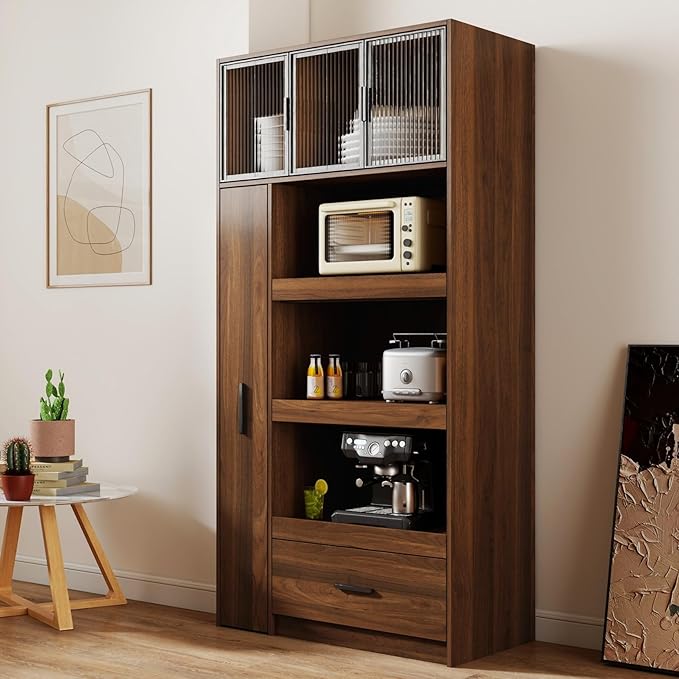 KEIKI 70.87" Tall Kitchen Pantry Storage Cabinet with Multi-Functional Pull-Out Shelf, Drawers, Glass Doors & Microwave Stand, Wood Hutch Food Pantries Cupboard for Coffee Bar, Dining Room