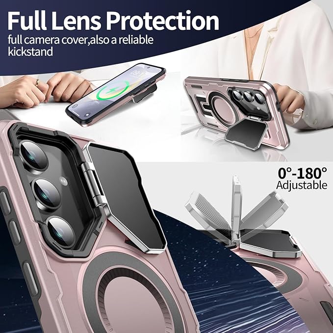 Camera Stand Case for Galaxy S24 FE, [Compatible with Mag Safe][Lens Cover] 2024 Version Military Grade Protective Soft Case for Samsung Galaxy S24 FE 6.7" Men Women, Pink