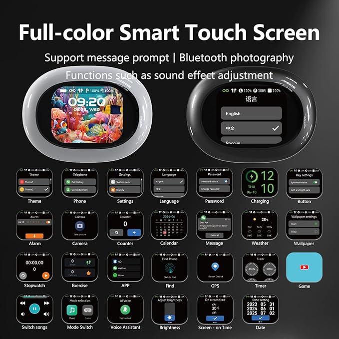 Smart Touch Screen Open Ear Earbuds with Screen for iPhone Android TWS Bluetooth Wireless Touchscreen Bone Conduction Earbuds Blue Tooth Ear Buds Bone Conduction Open Ear Headphones with Screen