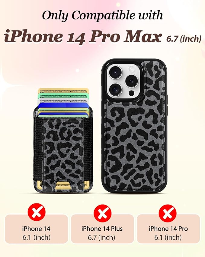 Shorogyt for iPhone 14 Pro Max Case Wallet - Fits 5 Cards, Compatible with Magsafe Detachable Magnetic Credit Card Holder Leather Cardholder Cute Phone Cover Women Girls for Apple 14 ProMax, Leopard