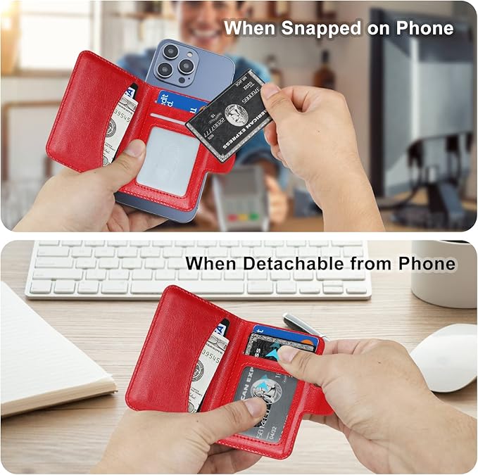 Bocasal for MagSafe Wallet Magnetic Card Holder, RFID Blocking Leather Card Slots for iPhone 17/16/15/14/13/12 Pro/Max/Plus/Air, Adjustable Kickstand Flip Mag Safe Wallet (Red)