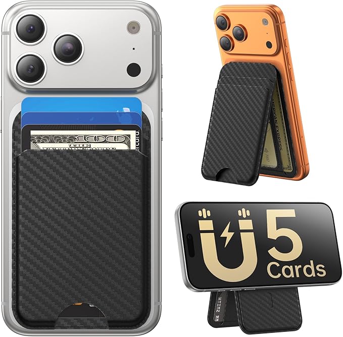 for MagSafe Wallet with Stand, 5 Card Holder, Slim Leather Magnetic Wallet for iPhone 17/16/15/14/13/12 Pro Max Plus Air Series, 3 Card Slots & 1 Cash Slot,Carbon Fiber