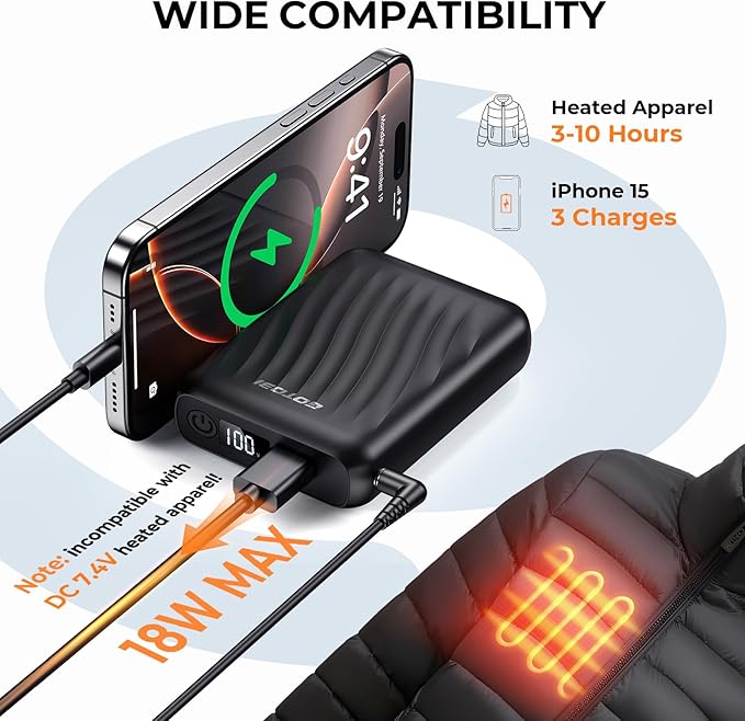 𝟭𝟮𝗩 𝟭𝟴𝟰𝟬𝟬𝗺𝗔𝗵 Heated Jacket Battery Pack - Power Bank with LED Display and 2 Adapter Cables for Wulcea, ULUSERN, Genovega, and Other Outdoor Heating Coat